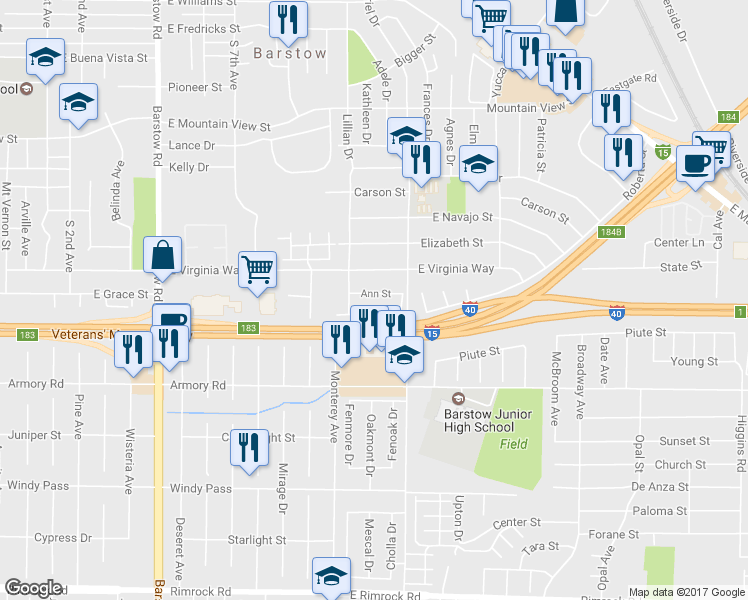 map of restaurants, bars, coffee shops, grocery stores, and more near 916 Ann Street in Barstow