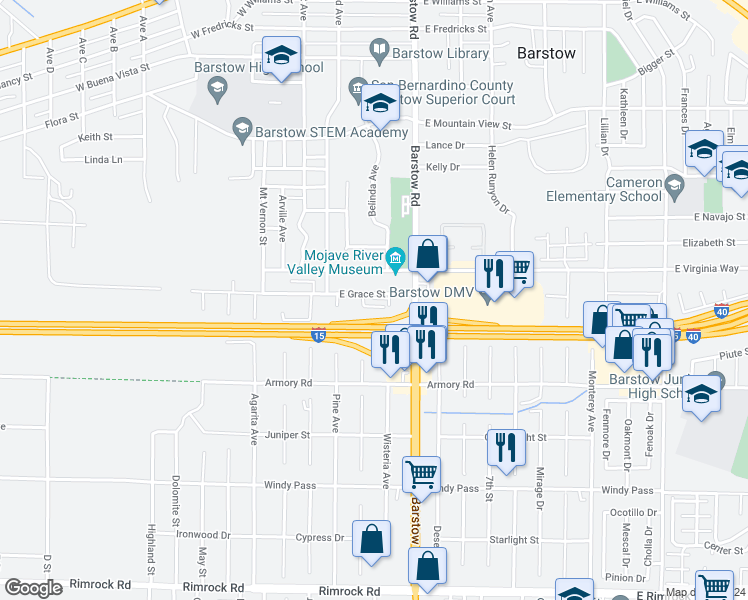 map of restaurants, bars, coffee shops, grocery stores, and more near 300 East Grace Street in Barstow