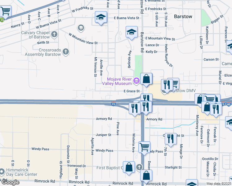 map of restaurants, bars, coffee shops, grocery stores, and more near 1011 South Coyote Lane in Barstow
