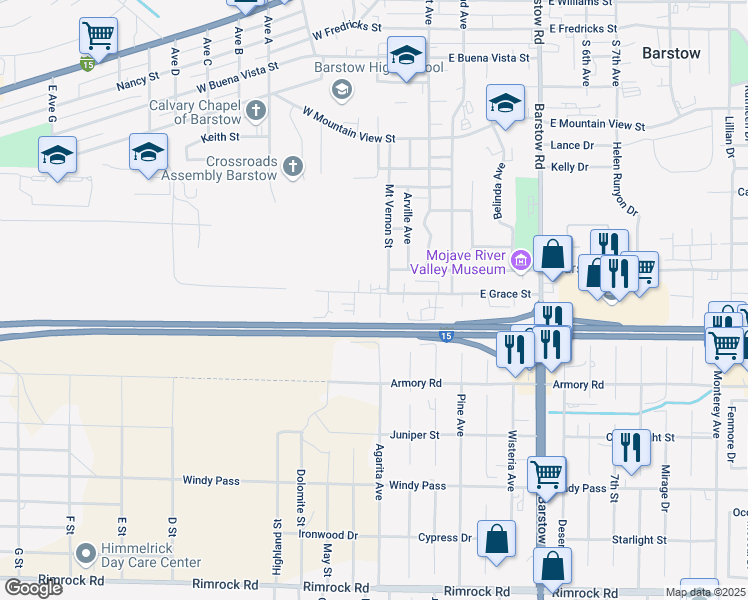 map of restaurants, bars, coffee shops, grocery stores, and more near 210 West Grace Street in Barstow