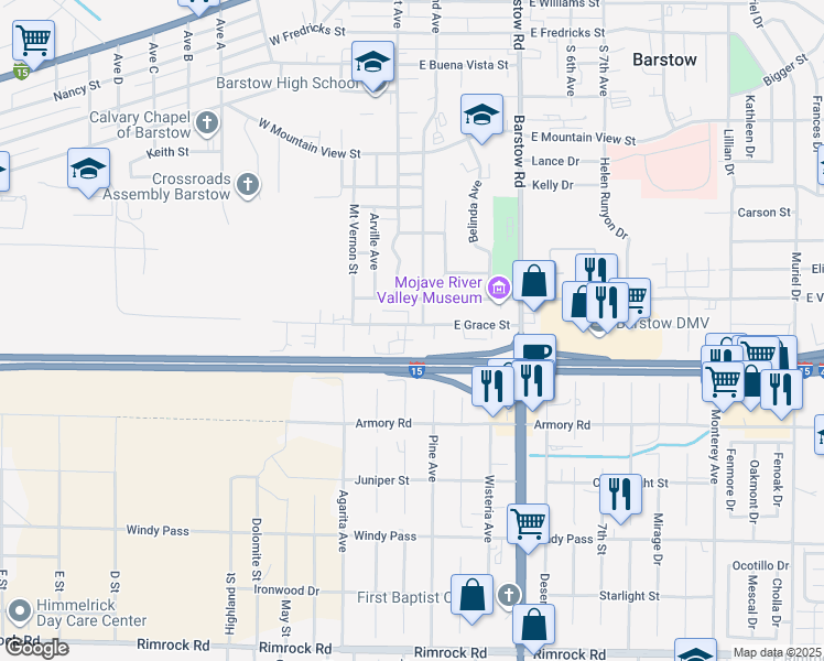 map of restaurants, bars, coffee shops, grocery stores, and more near 1011 South Coyote Lane in Barstow