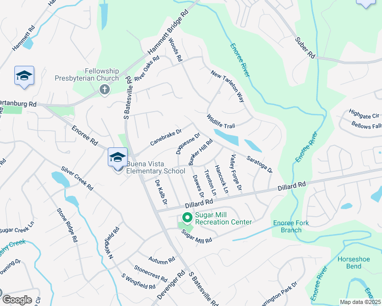map of restaurants, bars, coffee shops, grocery stores, and more near 107 Bunker Hill Road in Greer