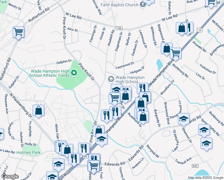 map of restaurants, bars, coffee shops, grocery stores, and more near 100 Pine Knoll Drive in Greenville