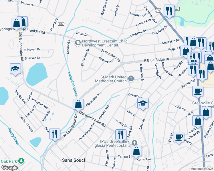 map of restaurants, bars, coffee shops, grocery stores, and more near 29 Clarendon Avenue in Greenville