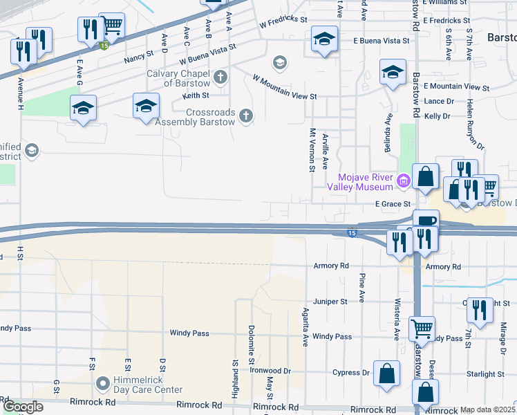 map of restaurants, bars, coffee shops, grocery stores, and more near 444 West Grace Street in Barstow
