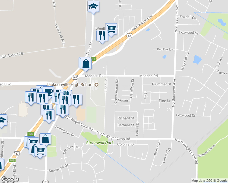 map of restaurants, bars, coffee shops, grocery stores, and more near 2300 Green Acres Road in Jacksonville