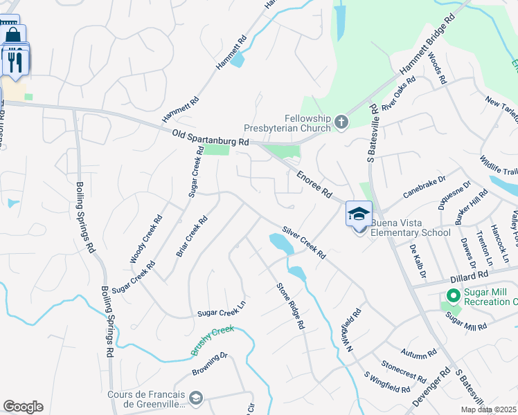 map of restaurants, bars, coffee shops, grocery stores, and more near 215 Silver Creek Road in Greer