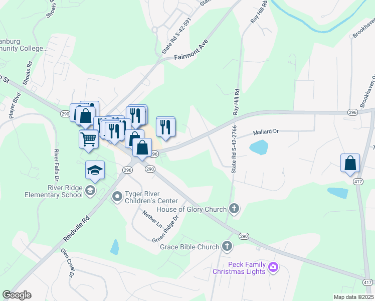 map of restaurants, bars, coffee shops, grocery stores, and more near 5831 Reidville Road in Moore