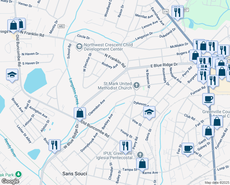 map of restaurants, bars, coffee shops, grocery stores, and more near 29 Clarendon Avenue in Greenville