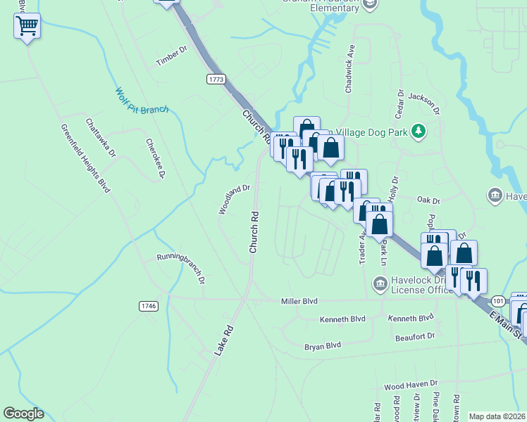 map of restaurants, bars, coffee shops, grocery stores, and more near 209 Church Road in Havelock