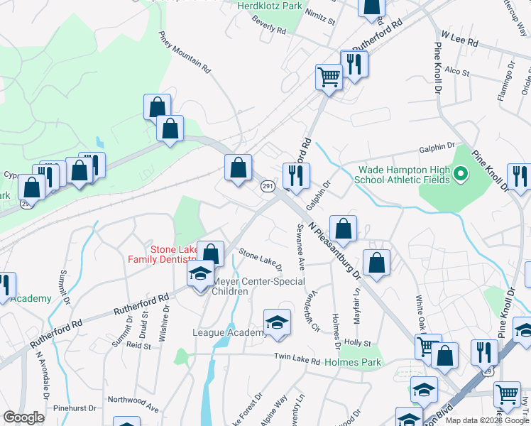 map of restaurants, bars, coffee shops, grocery stores, and more near 8 Tilbury Way in Greenville