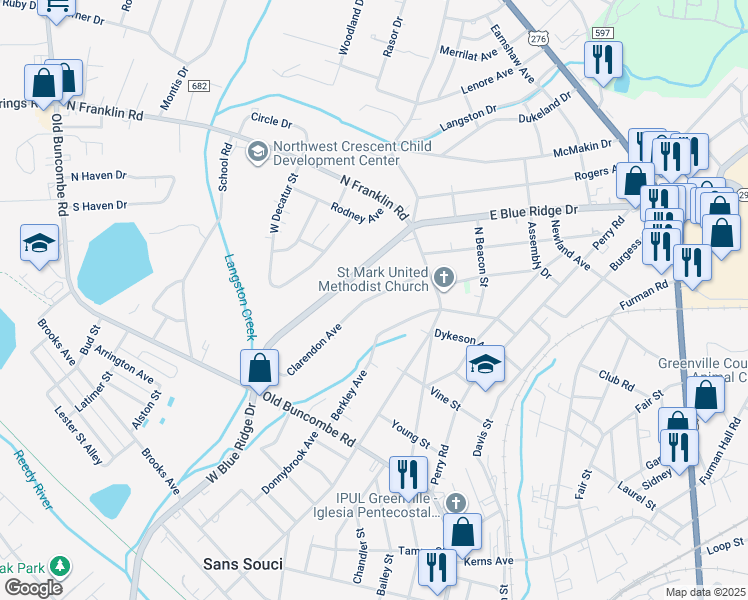 map of restaurants, bars, coffee shops, grocery stores, and more near 29 Clarendon Avenue in Greenville