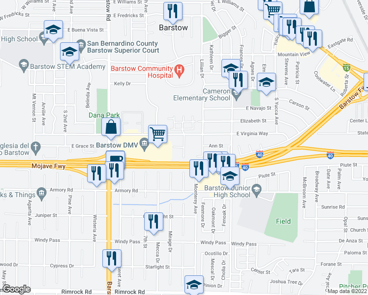map of restaurants, bars, coffee shops, grocery stores, and more near Western Whip Court in Barstow