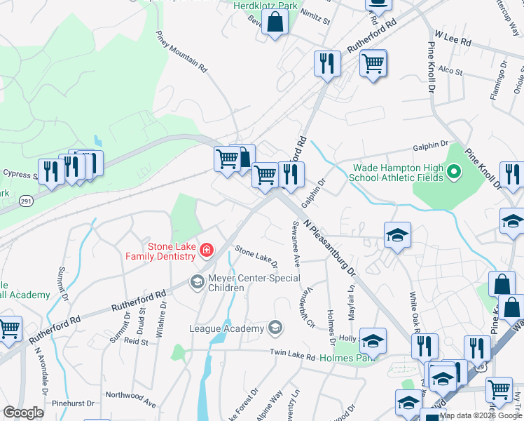 map of restaurants, bars, coffee shops, grocery stores, and more near 8 Tilbury Way in Greenville