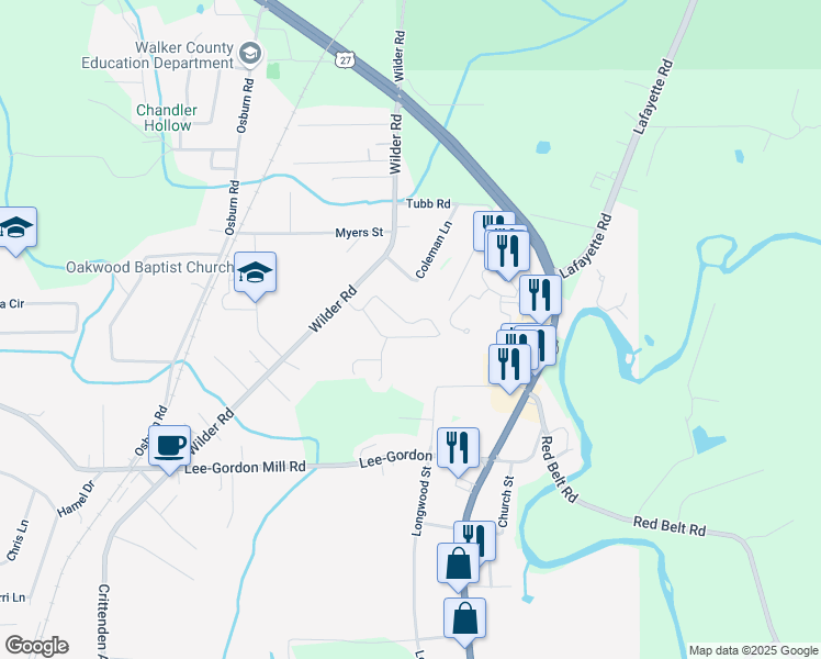 map of restaurants, bars, coffee shops, grocery stores, and more near 152 Heritage Drive in Chickamauga