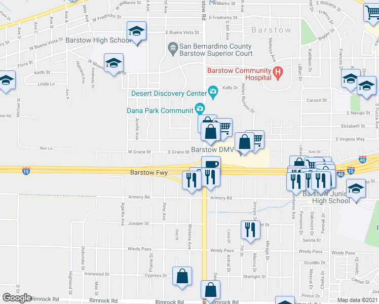 map of restaurants, bars, coffee shops, grocery stores, and more near 360 E Grace St in Barstow