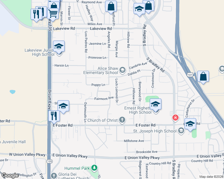 map of restaurants, bars, coffee shops, grocery stores, and more near 3940 Silver Leaf Drive in Santa Maria