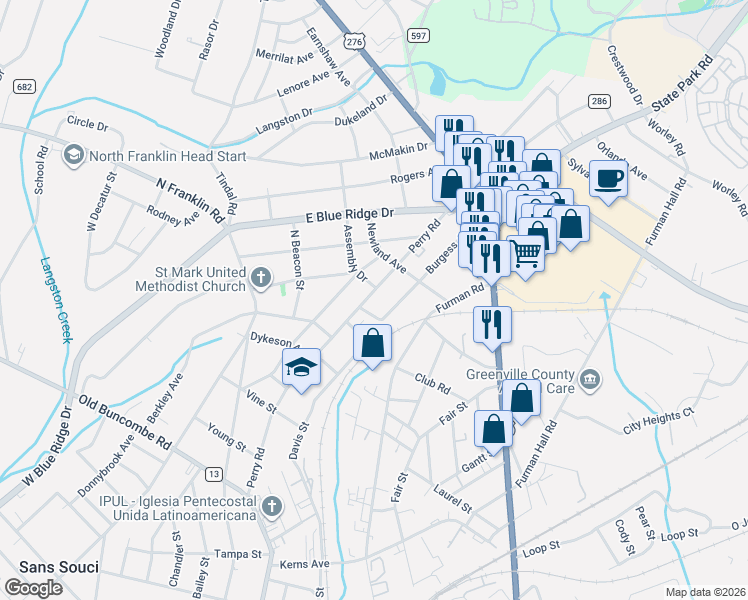 map of restaurants, bars, coffee shops, grocery stores, and more near 114 Burgess Avenue in Greenville