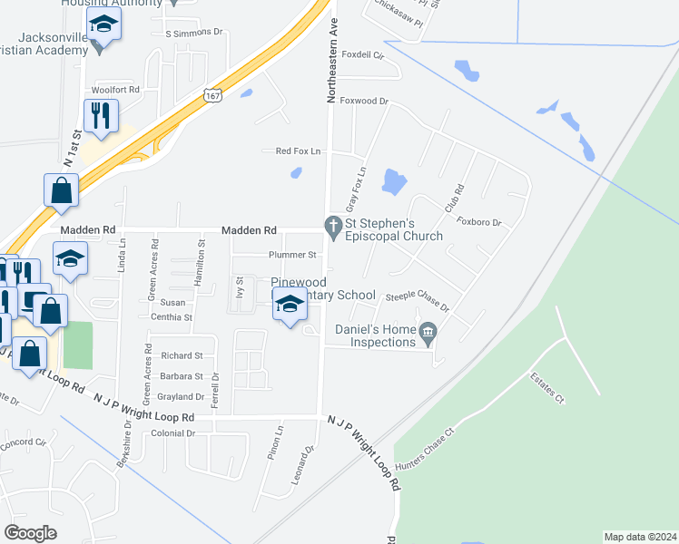 map of restaurants, bars, coffee shops, grocery stores, and more near 1709 Mandy Cove in Jacksonville