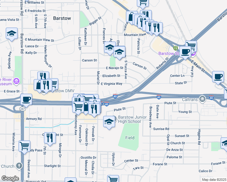 map of restaurants, bars, coffee shops, grocery stores, and more near 1208 Gen Court in Barstow