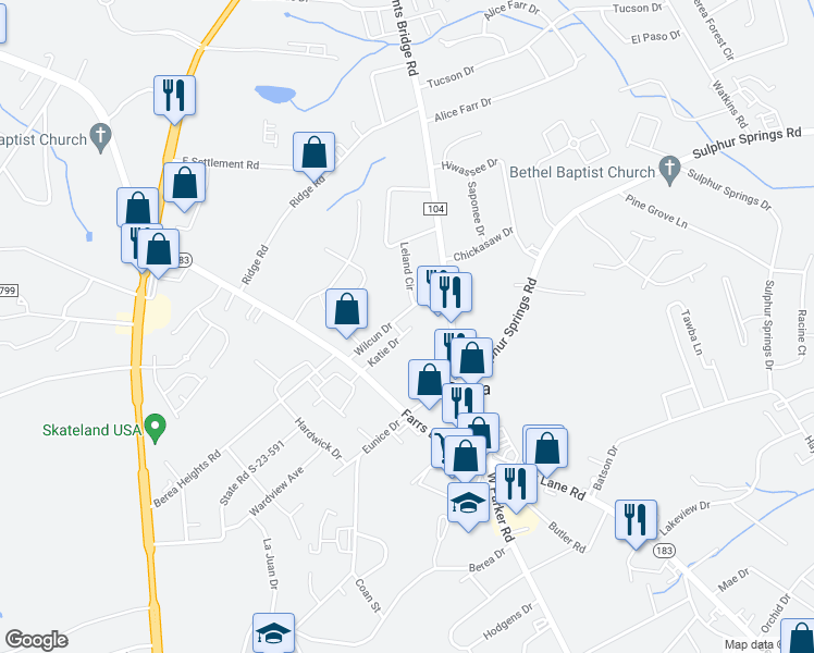 map of restaurants, bars, coffee shops, grocery stores, and more near 103 Katie Drive in Greenville