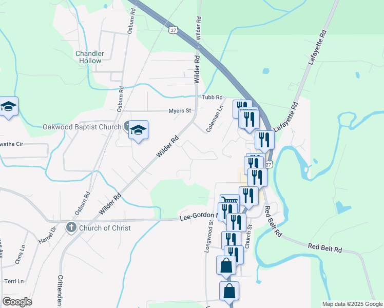 map of restaurants, bars, coffee shops, grocery stores, and more near 152 Heritage Drive in Chickamauga
