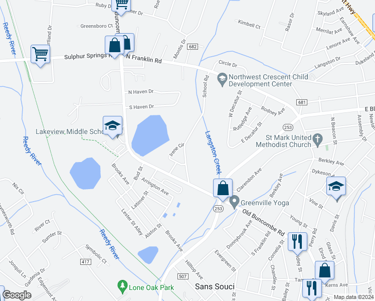 map of restaurants, bars, coffee shops, grocery stores, and more near 110 Irene Circle in Greenville