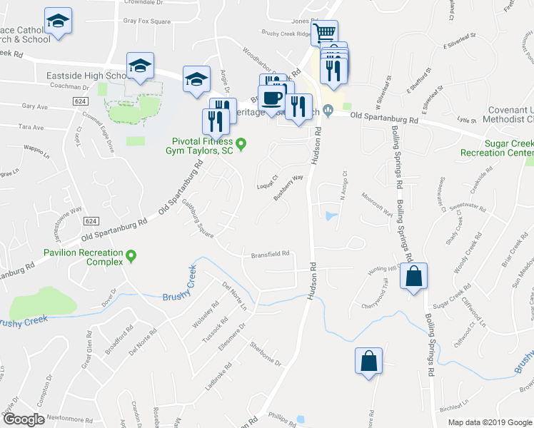 map of restaurants, bars, coffee shops, grocery stores, and more near 109 Bushberry Way in Greer