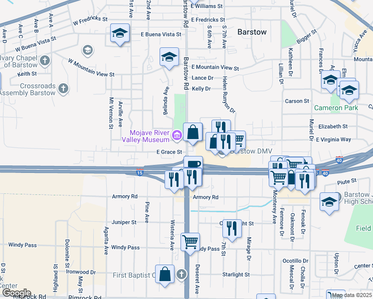map of restaurants, bars, coffee shops, grocery stores, and more near Jasper Road in Barstow
