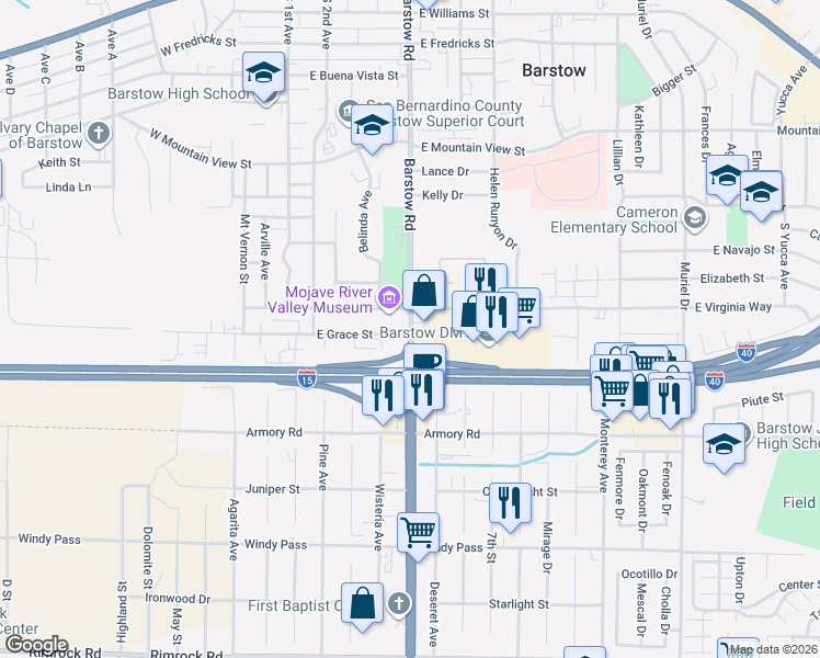 map of restaurants, bars, coffee shops, grocery stores, and more near in Barstow