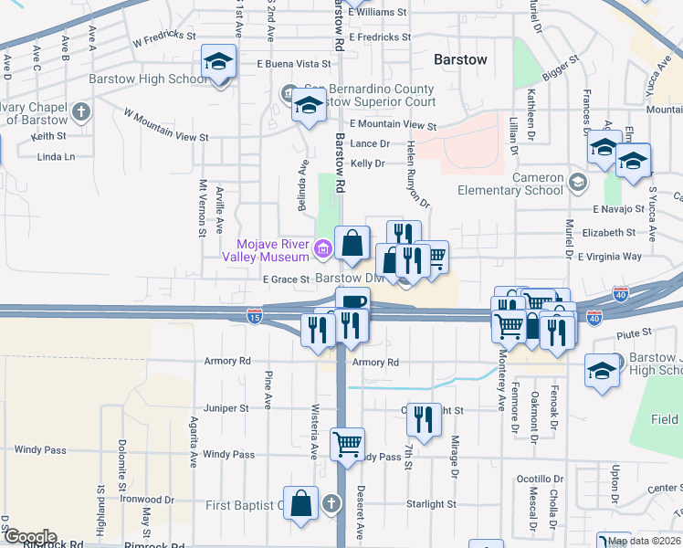 map of restaurants, bars, coffee shops, grocery stores, and more near in Barstow