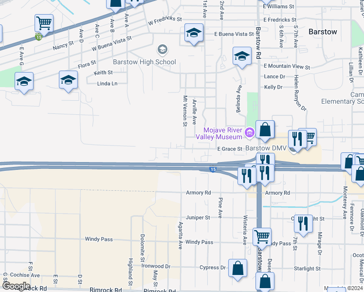 map of restaurants, bars, coffee shops, grocery stores, and more near 210 West Grace Street in Barstow