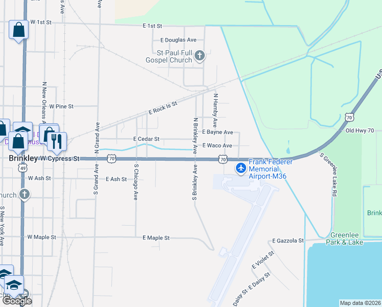 map of restaurants, bars, coffee shops, grocery stores, and more near 206 South Brinkley Avenue in Brinkley