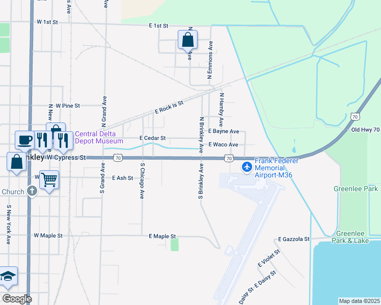 map of restaurants, bars, coffee shops, grocery stores, and more near 206 South Brinkley Avenue in Brinkley