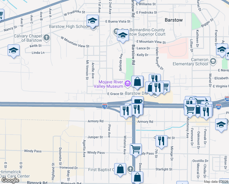 map of restaurants, bars, coffee shops, grocery stores, and more near 209 East Grace Street in Barstow