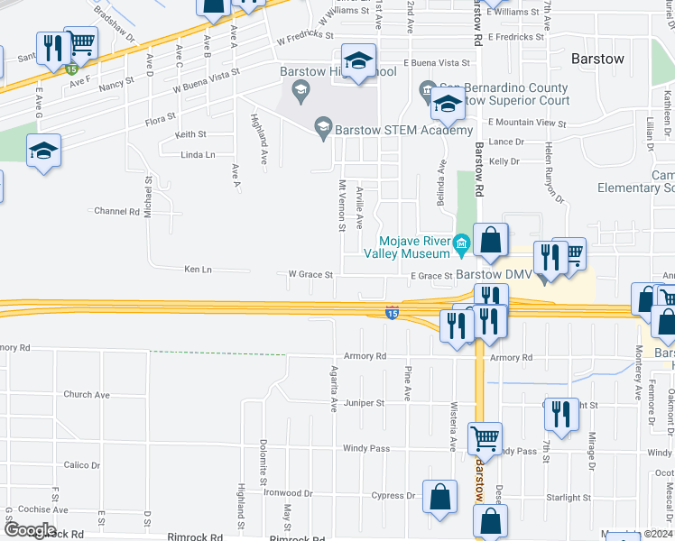 map of restaurants, bars, coffee shops, grocery stores, and more near 910 Mount Vernon Avenue in Barstow