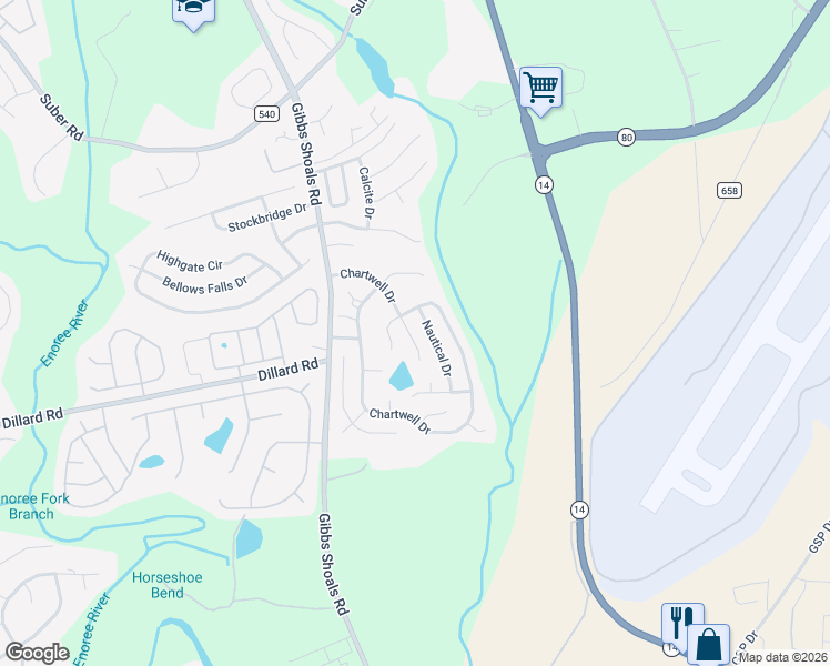 map of restaurants, bars, coffee shops, grocery stores, and more near 15 Tack Lane in Greer