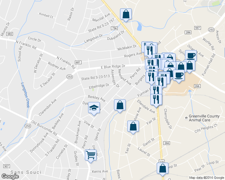 map of restaurants, bars, coffee shops, grocery stores, and more near 418 Darlington Avenue in Greenville