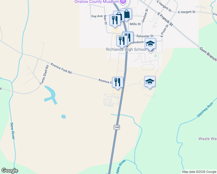 map of restaurants, bars, coffee shops, grocery stores, and more near 137 Koonce Fork Road in Richlands