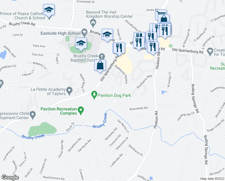 map of restaurants, bars, coffee shops, grocery stores, and more near 6 Blackenridge Drive in Taylors