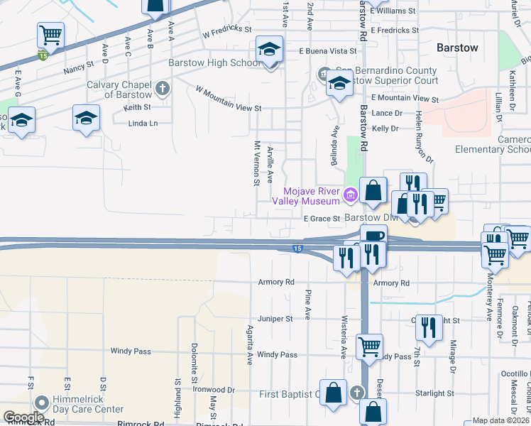 map of restaurants, bars, coffee shops, grocery stores, and more near 175 West Grace Street in Barstow