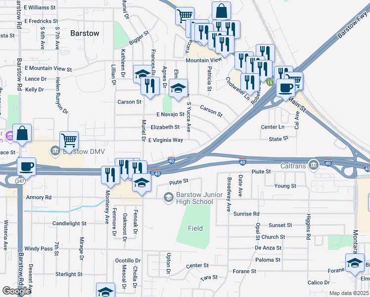 map of restaurants, bars, coffee shops, grocery stores, and more near 1133 Roberta Street in Barstow
