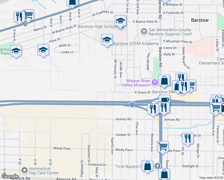 map of restaurants, bars, coffee shops, grocery stores, and more near 210 West Grace Street in Barstow