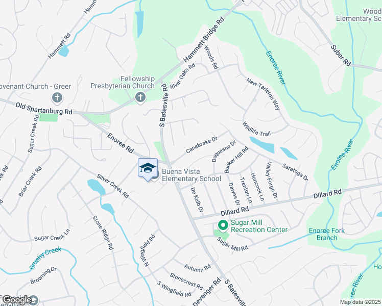 map of restaurants, bars, coffee shops, grocery stores, and more near 112 Canebrake Drive in Greer