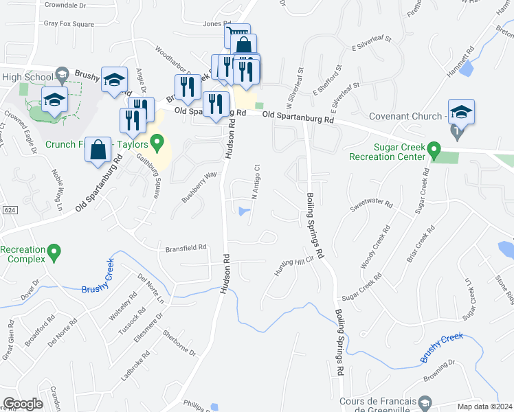 map of restaurants, bars, coffee shops, grocery stores, and more near 3 South Antigo Court in Greer