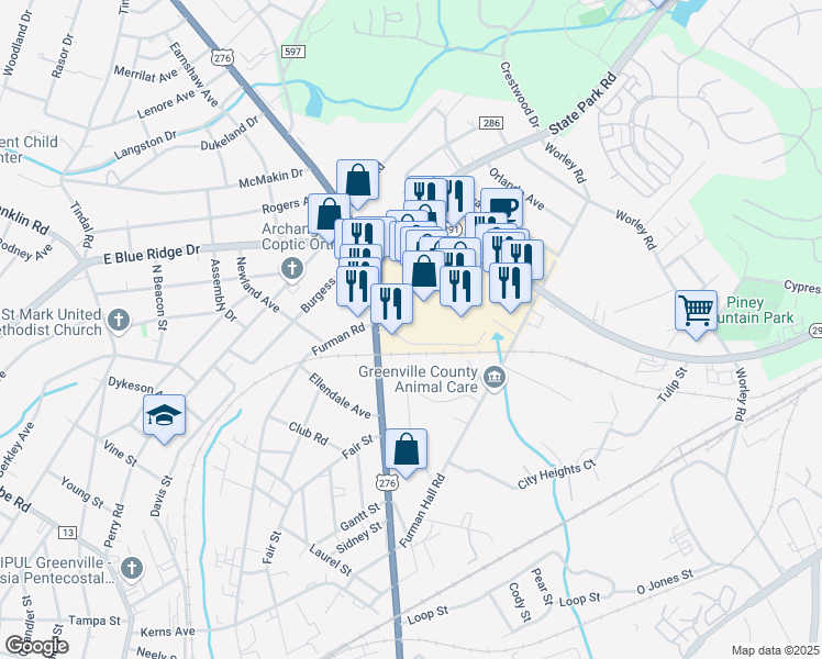 map of restaurants, bars, coffee shops, grocery stores, and more near 1500 Poinsett Highway in Greenville