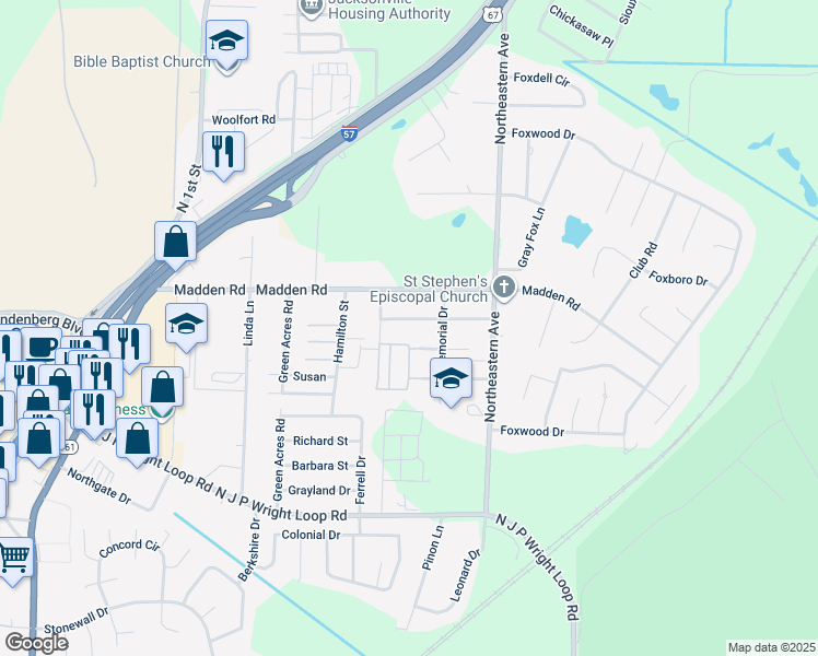 map of restaurants, bars, coffee shops, grocery stores, and more near 1501 Ivy Street in Jacksonville