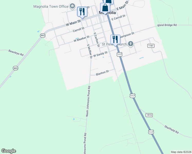 map of restaurants, bars, coffee shops, grocery stores, and more near 141 Blanton Street in Magnolia