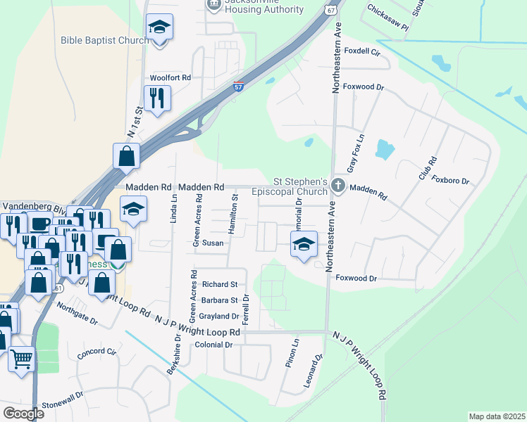 map of restaurants, bars, coffee shops, grocery stores, and more near 1307 Plummer Street in Jacksonville
