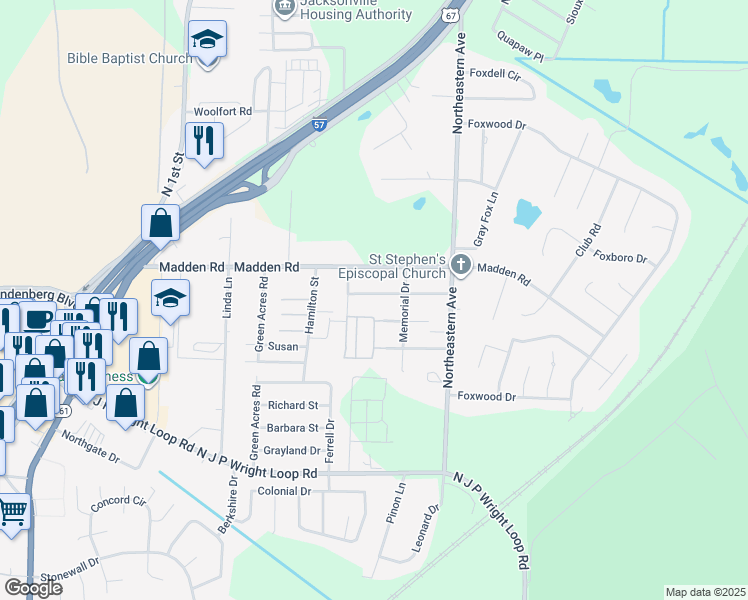 map of restaurants, bars, coffee shops, grocery stores, and more near 1409 Madden Road in Jacksonville